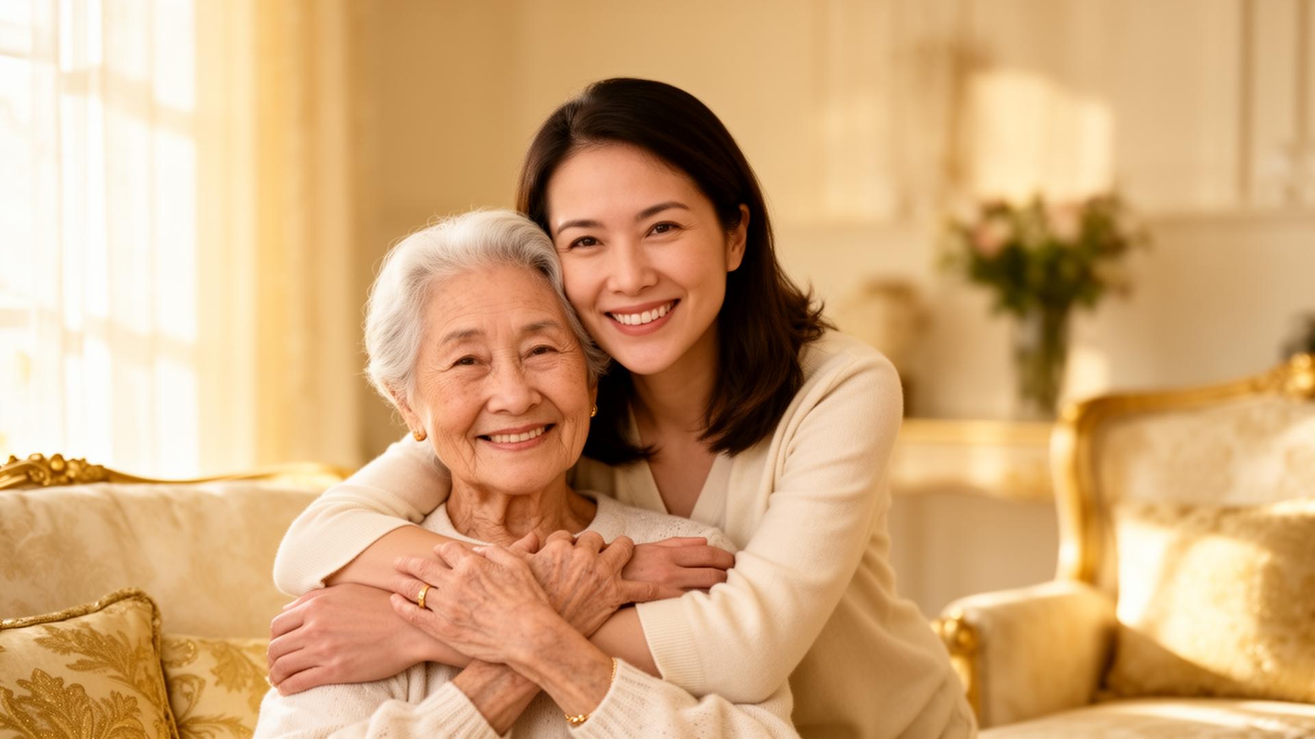 Adult daughter embracing her elderly mother