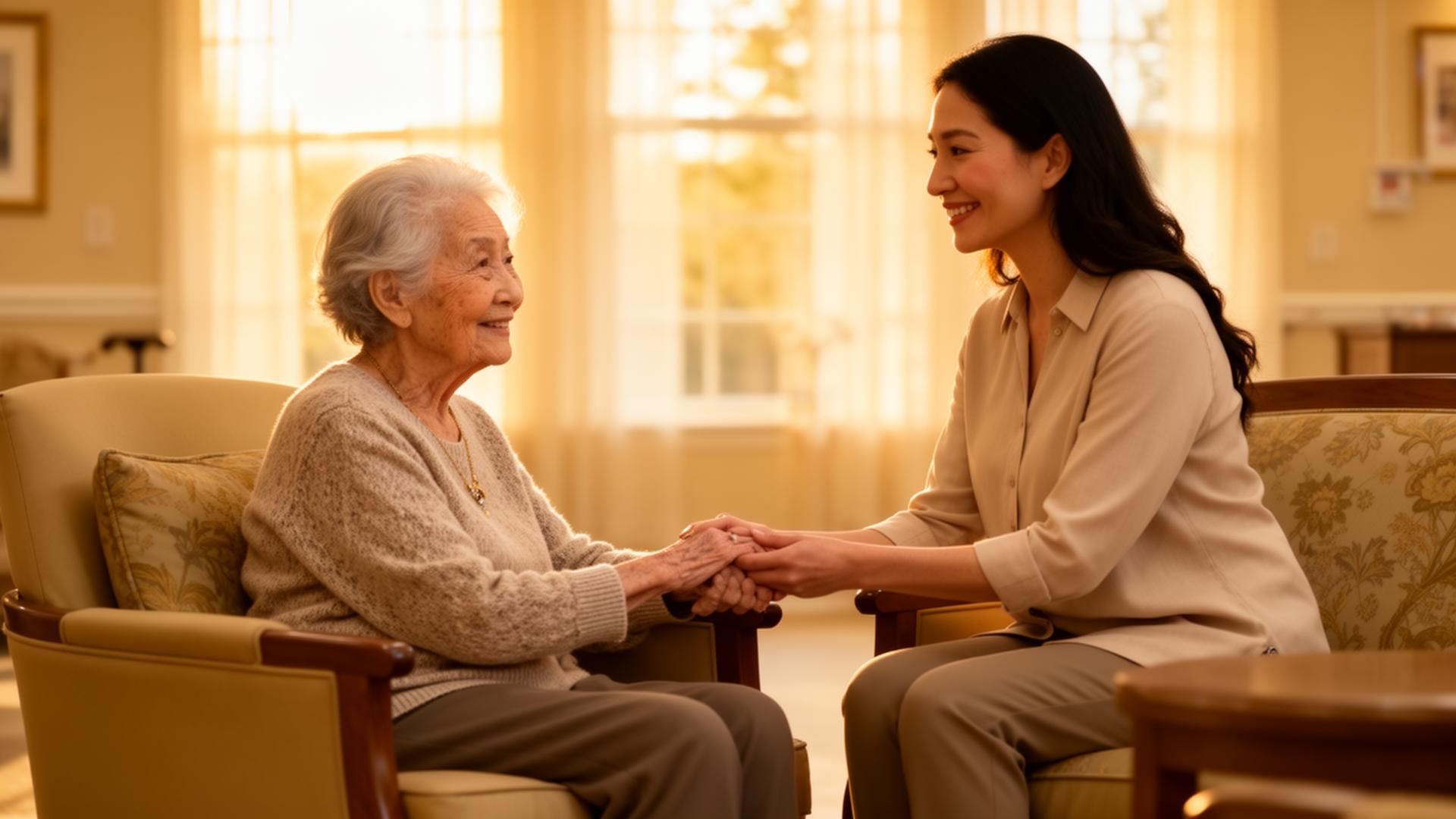 Adult daughter holding hands with elderly mother in a memory care lounge